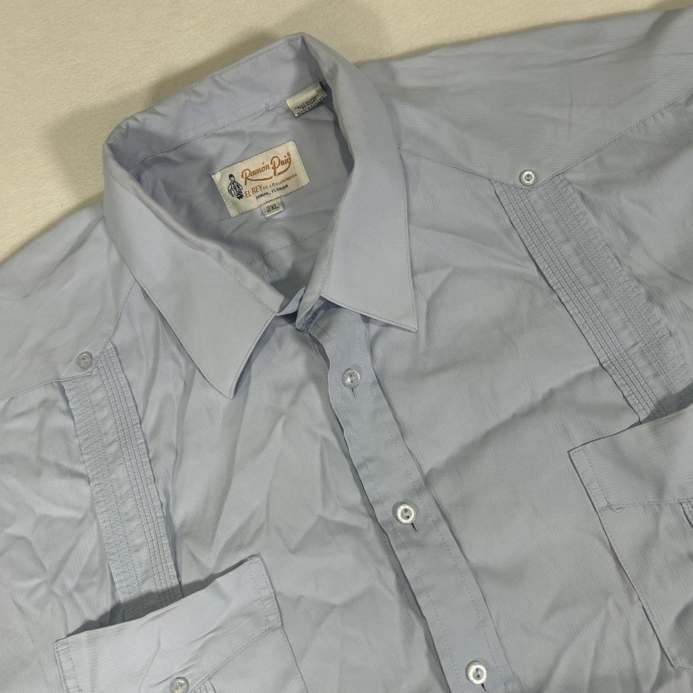 Ramon Puig Guayabera Classic Mens XXL Blue 4 Pocket Cuban Short Sleeve Shirt‎
